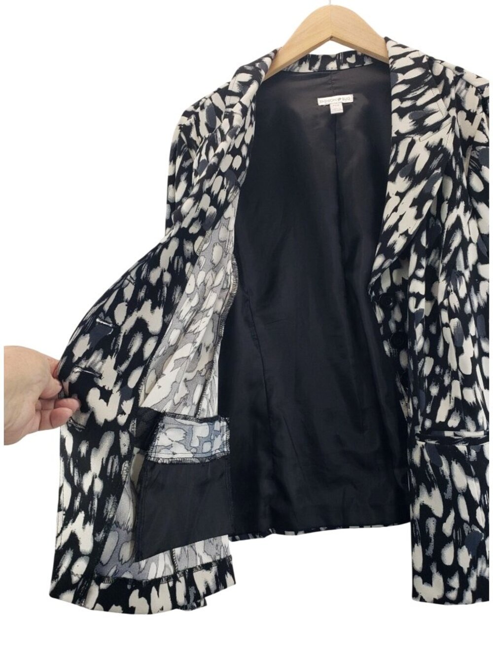 Blazer Black White Abstract Print 22W Fashion Bug Career Wear Pockets Collar - Picture 4 of 16